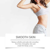 Woman in athletic wear with text about smooth skin benefits on a white background