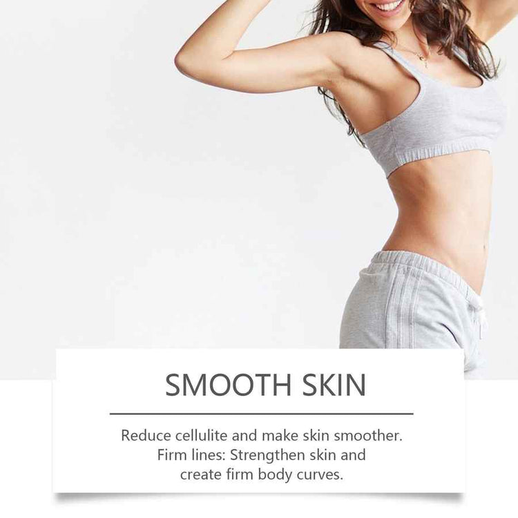 Woman in athletic wear with text about smooth skin benefits on a white background