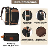 Size reference graphic showing a black and tan backpack and matching toiletry bag with feature callouts and dimensions. The backpack is shown in a main product view, a smaller front view, and a bottom view labeled toiletry bag 9.