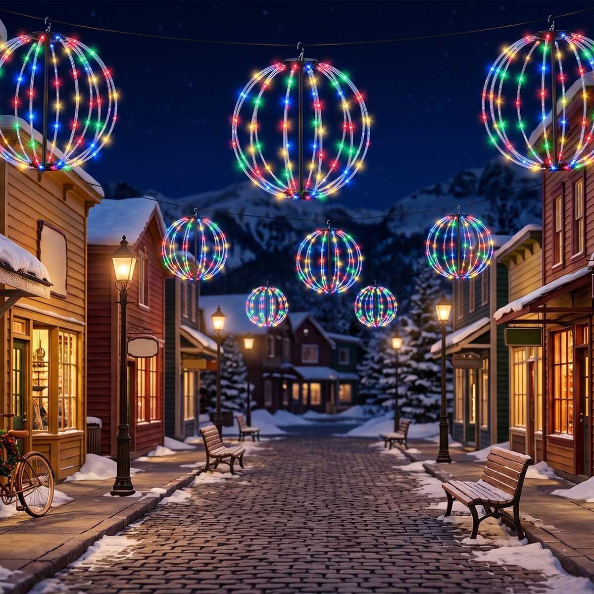 RGB Christmas light balls hanging over a snowy street at night