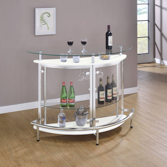 White freestanding home wine bar cabinet with glass top, featuring curved glass shelves and chrome accents, ideal for modern dining rooms.