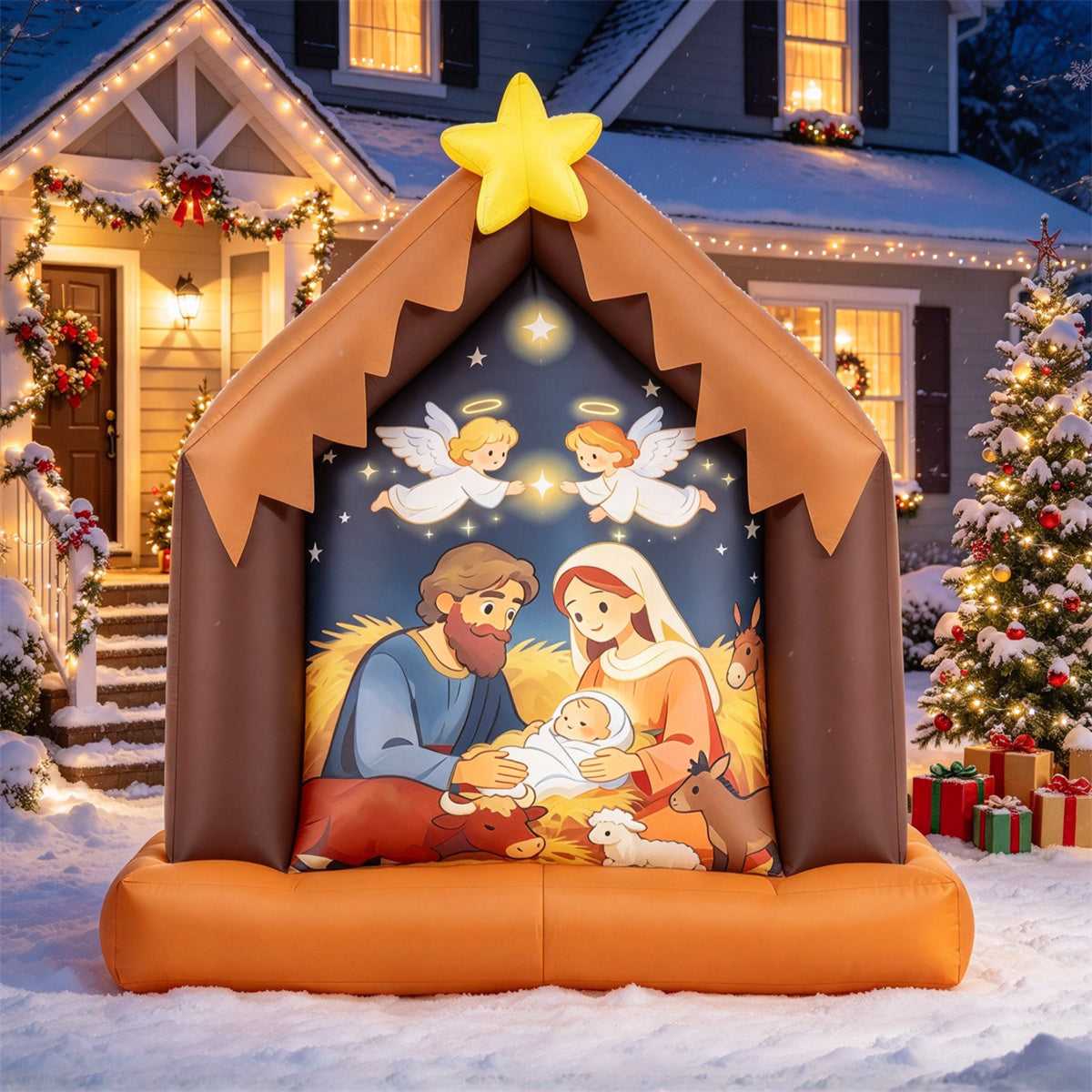 Christmas inflatable nativity scene in front of a decorated porch at night