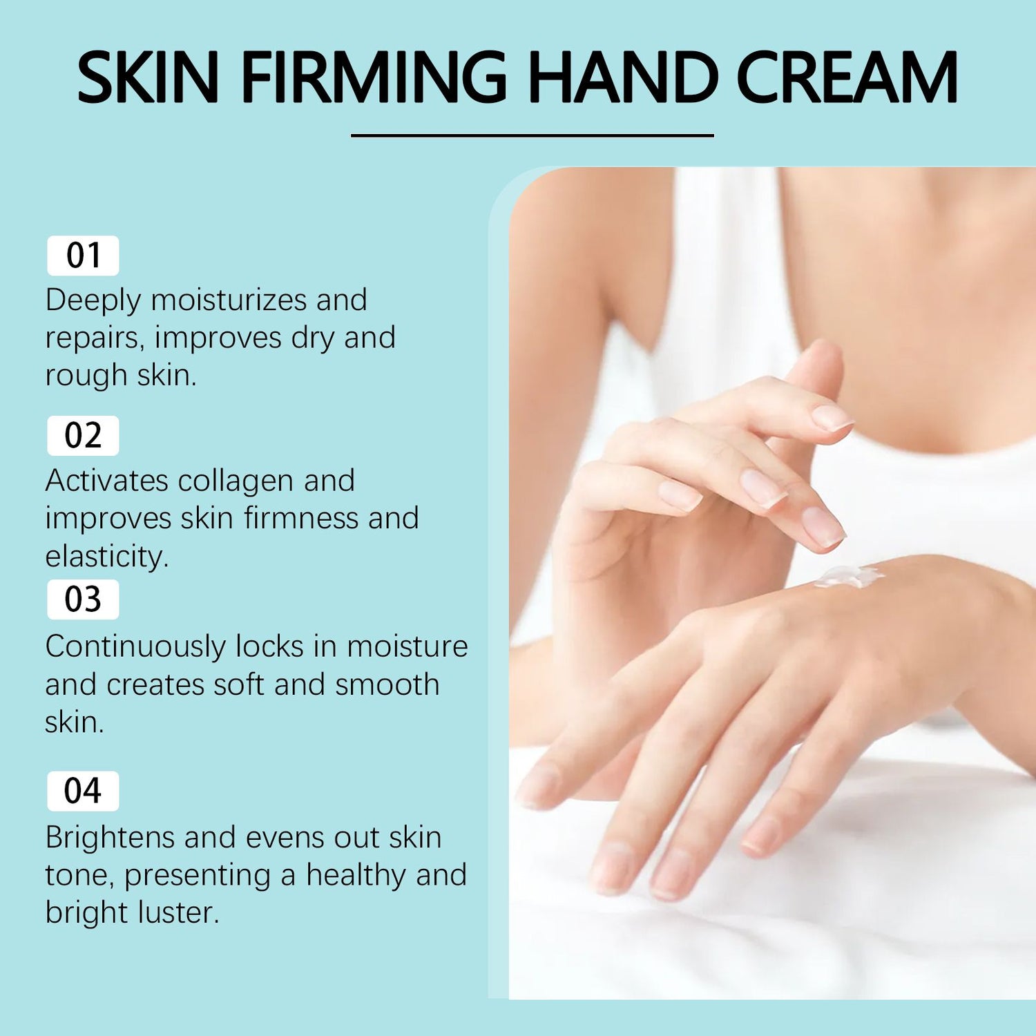 Advertisement for skin firming hand cream with text and a close-up of hands applying cream.