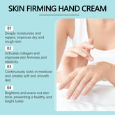 Advertisement for skin firming hand cream with text and a close-up of hands applying cream.