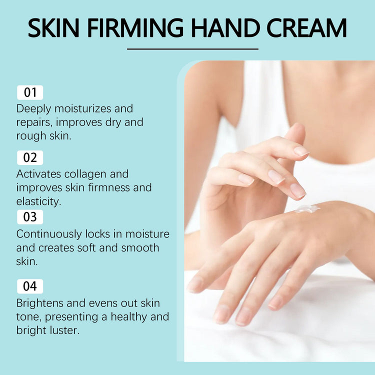 Advertisement for skin firming hand cream with text and a close-up of hands applying cream.