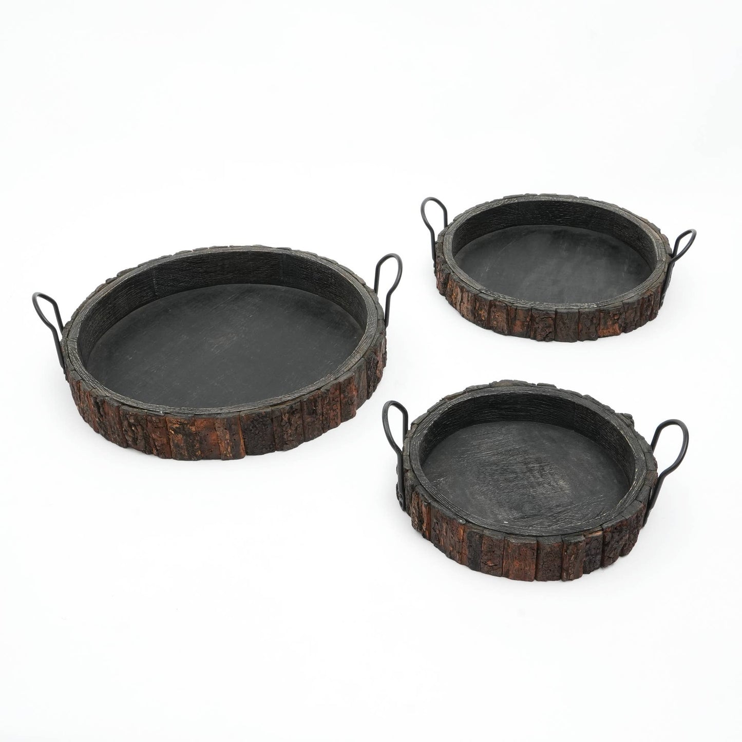 Set of three Cenecharl Mango Wood Decor and Serving Trays in varying sizes, featuring round mango wood build and rustic bark edges.