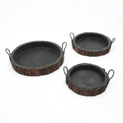 Set of three Cenecharl Mango Wood Decor and Serving Trays in varying sizes, featuring round mango wood build and rustic bark edges.