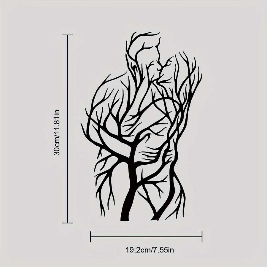 Tree of Love Wall Art sculpture dimensions: 30cm height and 19.2cm width, featuring an abstract couple formed by tree branches.