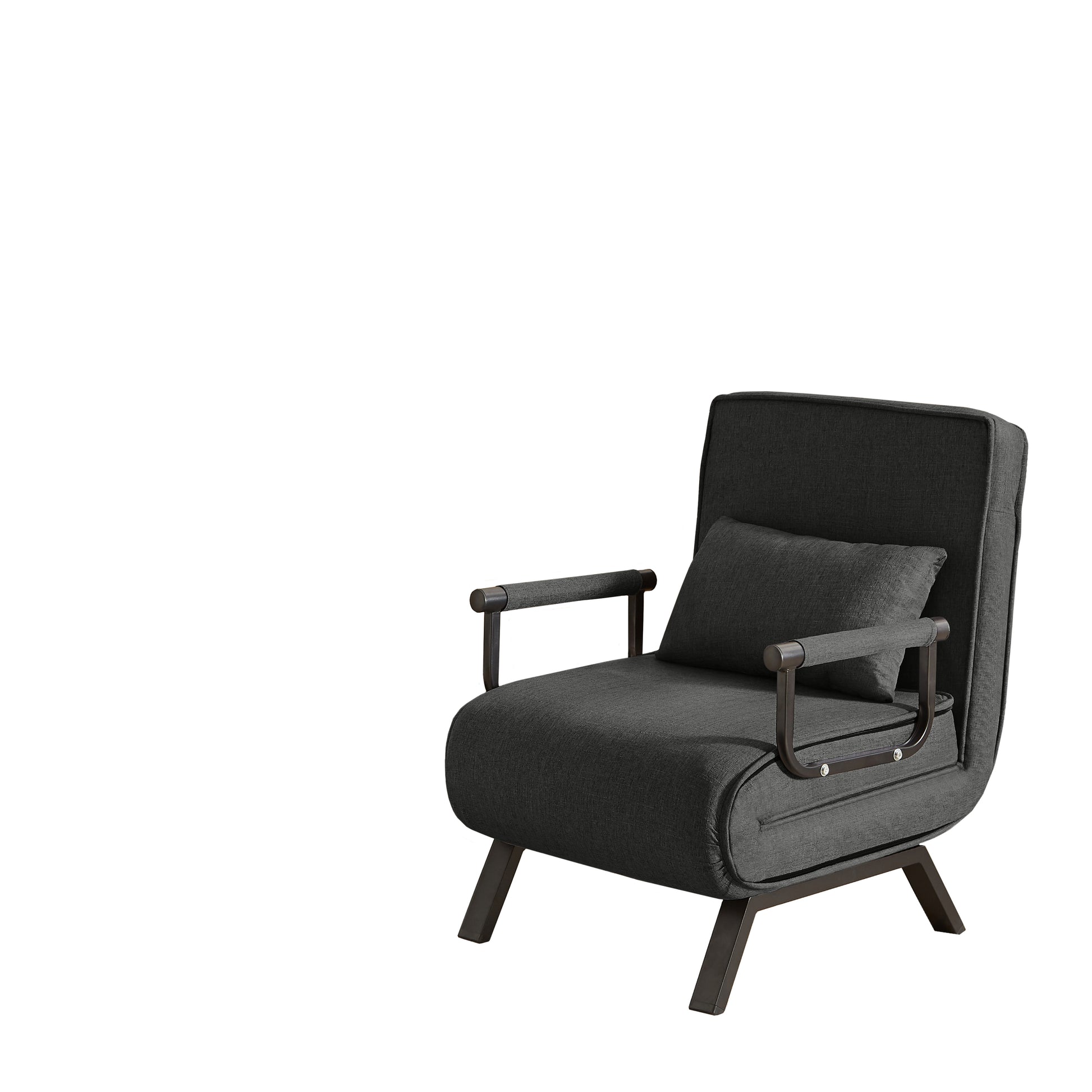Convertible Sofa Bed Chair in upright position with cushion, featuring black linen upholstery and foldable armrests.