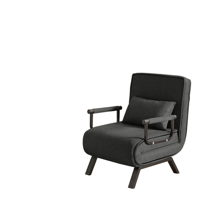 Convertible Sofa Bed Chair in upright position with cushion, featuring black linen upholstery and foldable armrests.