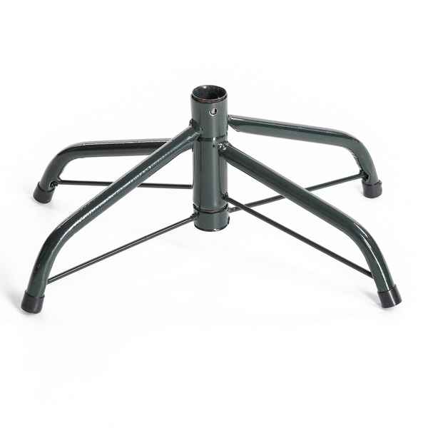 A dark green metal tree stand with five curved legs and a central mounting post, shown on a plain white background.