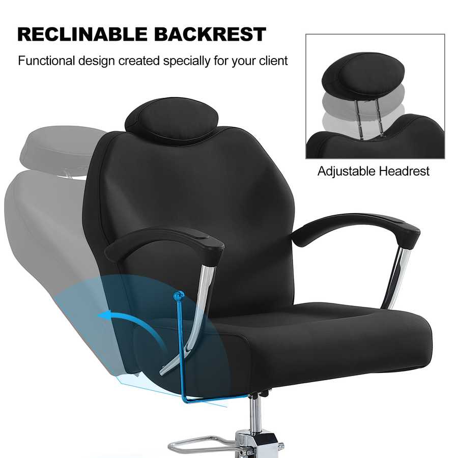Black reclining chair with adjustable headrest and neck pillow, featuring text on reclinable backrest.