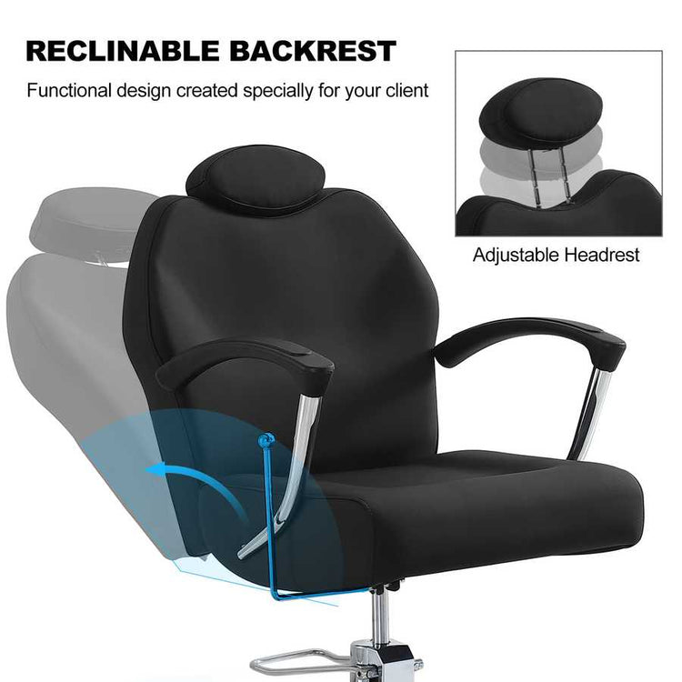 Black reclining chair with adjustable headrest and neck pillow, featuring text on reclinable backrest.