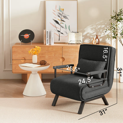 Black Convertible Sofa Bed Chair with armrest and seat dimensions labeled, highlighting ergonomic and space-saving features.