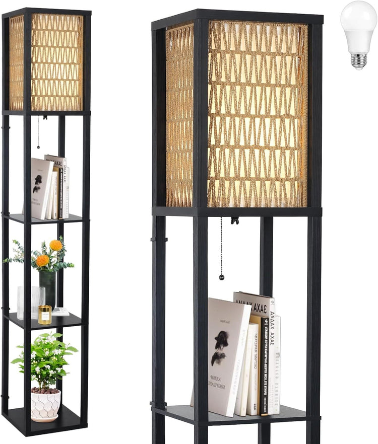 A tall black metal floor lamp with a woven beige shade and pull-chain switch, shown in two views on a white background. One view shows the lamp styled with books and a small plant on its shelves, and a light bulb icon appears in the top right corner.