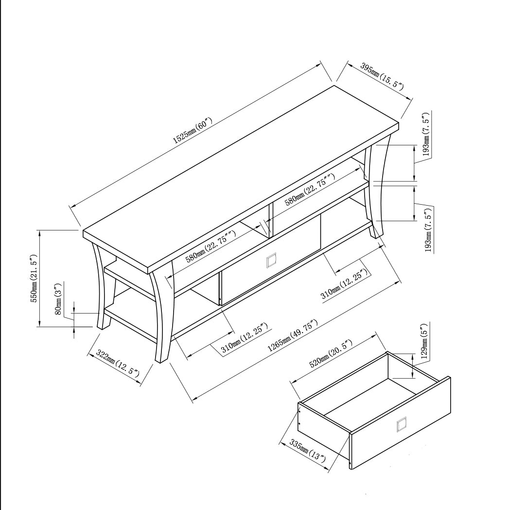 Technical drawing of TV Stand with Storage showing dimensions, curved legs, divided shelf layout, and drawer measurements.