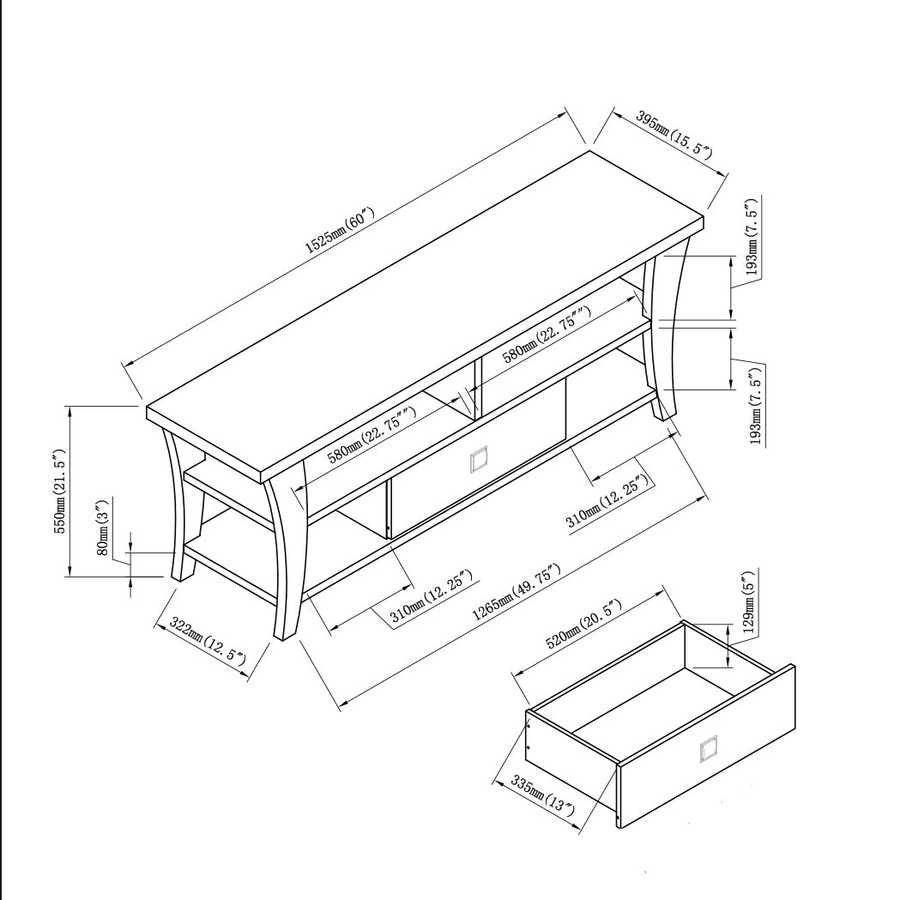 Technical drawing of TV Stand with Storage showing dimensions, curved legs, divided shelf layout, and drawer measurements.
