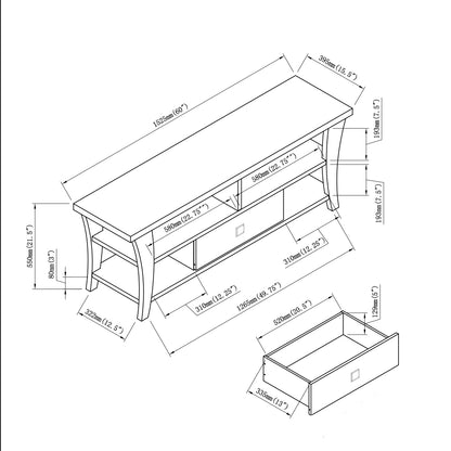 Technical drawing of TV Stand with Storage showing dimensions, curved legs, divided shelf layout, and drawer measurements.