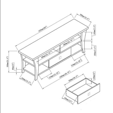 Technical drawing of TV Stand with Storage showing dimensions, curved legs, divided shelf layout, and drawer measurements.