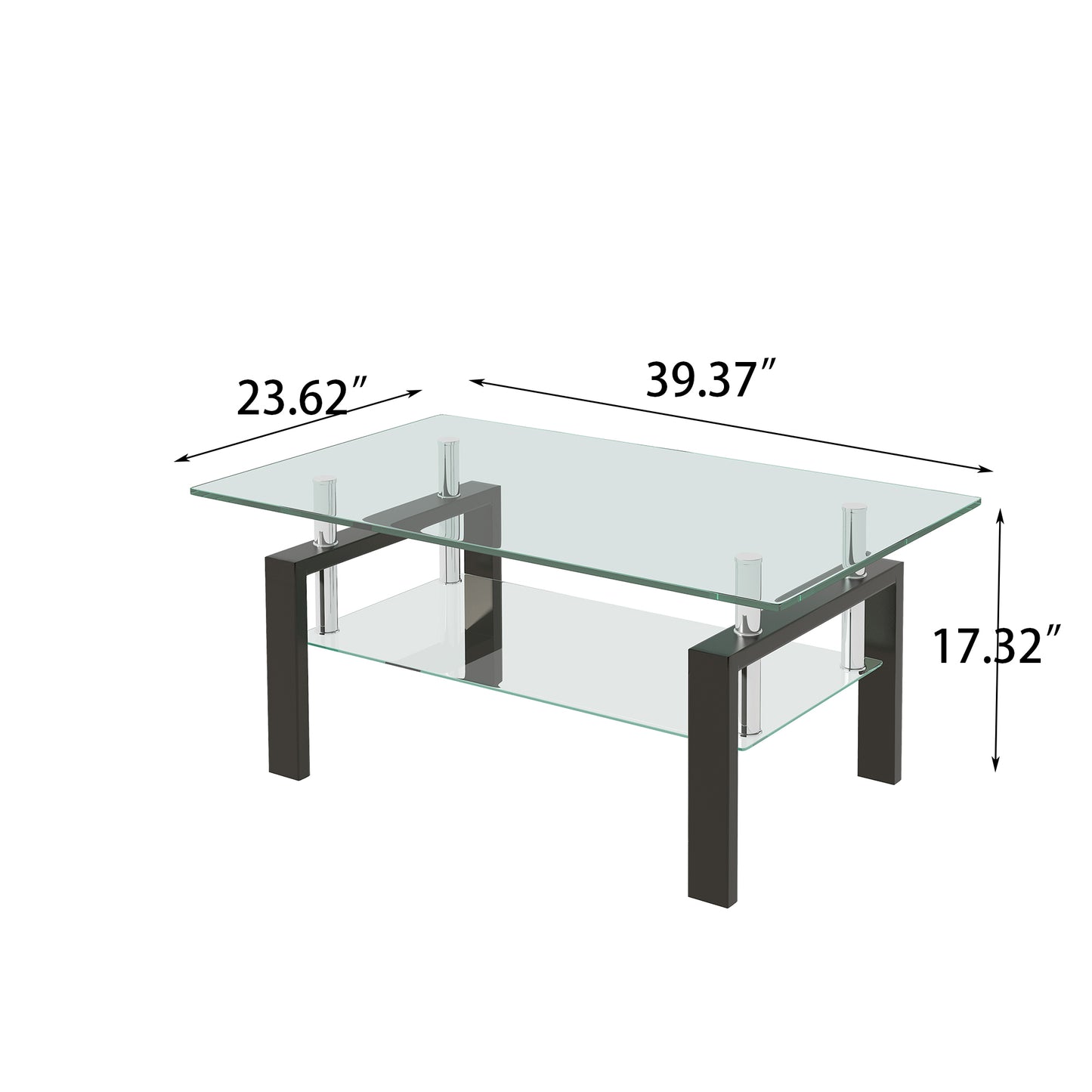 Modern Tempered Clear Glass Coffee Table with 2-Layers and Waterfall Edges for Living Room