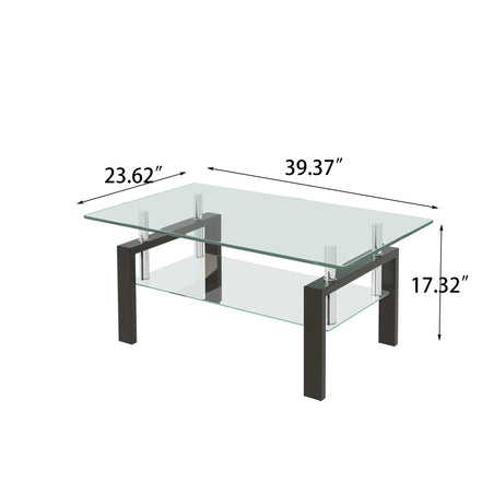 Modern Tempered Clear Glass Coffee Table with 2-Layers and Waterfall Edges for Living Room