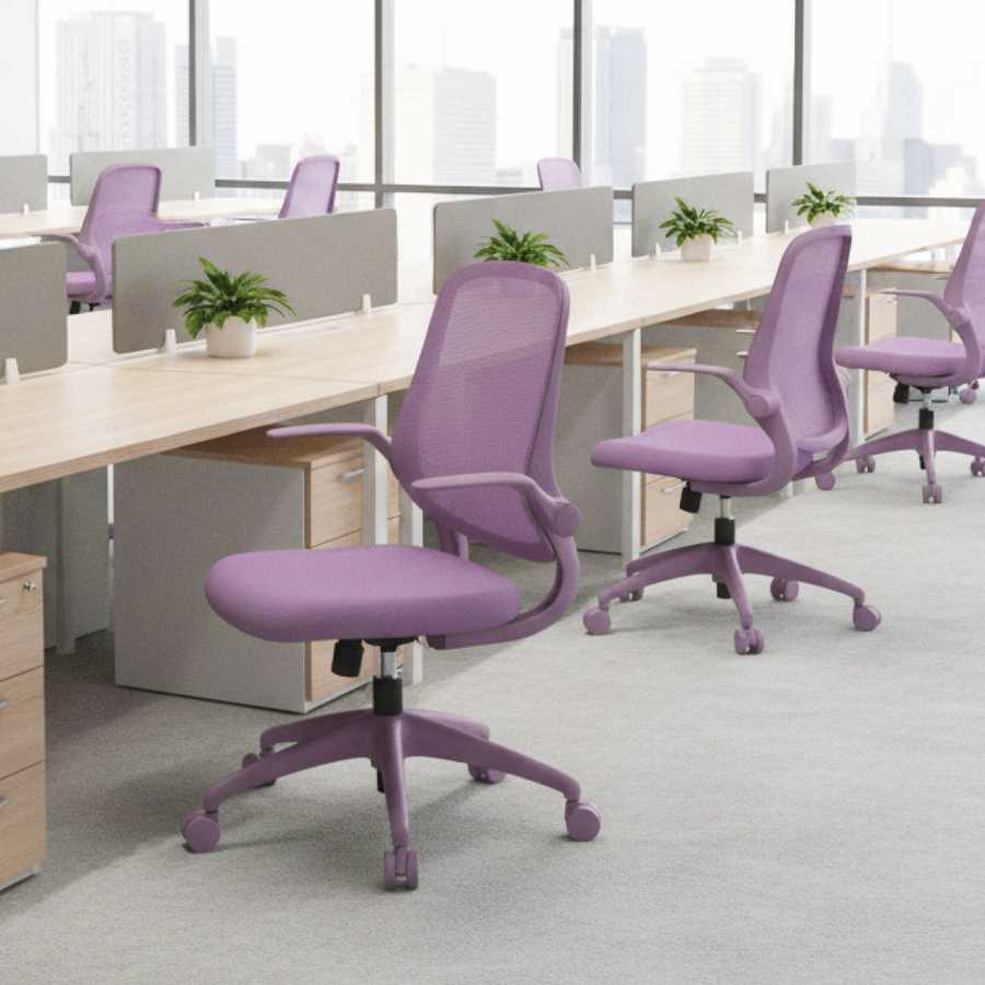 Purple office chairs in a modern office setting with large windows.
