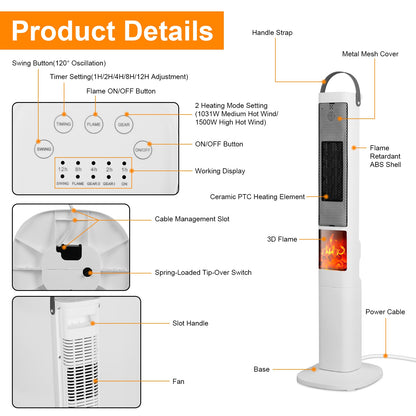 Fast Heating Oscillating Space Heater - 120° Wide Angle 30% Faster Warmth, 3D Flame, 5 Timer & Remote Control, Safe Quiet Heater for Bedroom Office