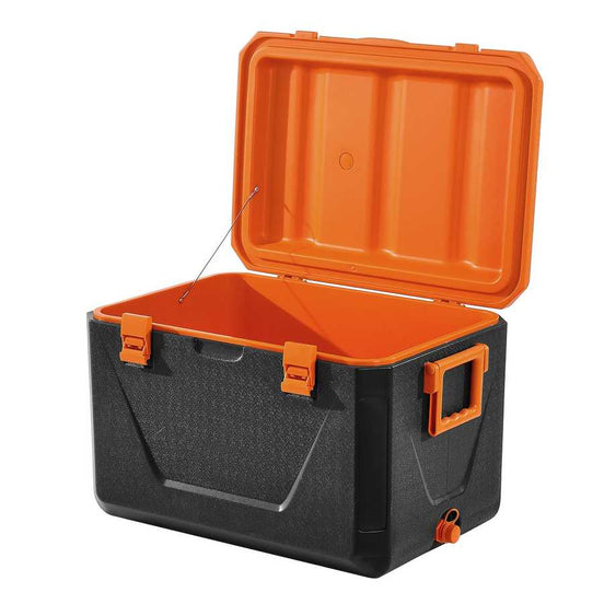 Orange and black cooler box on a white background