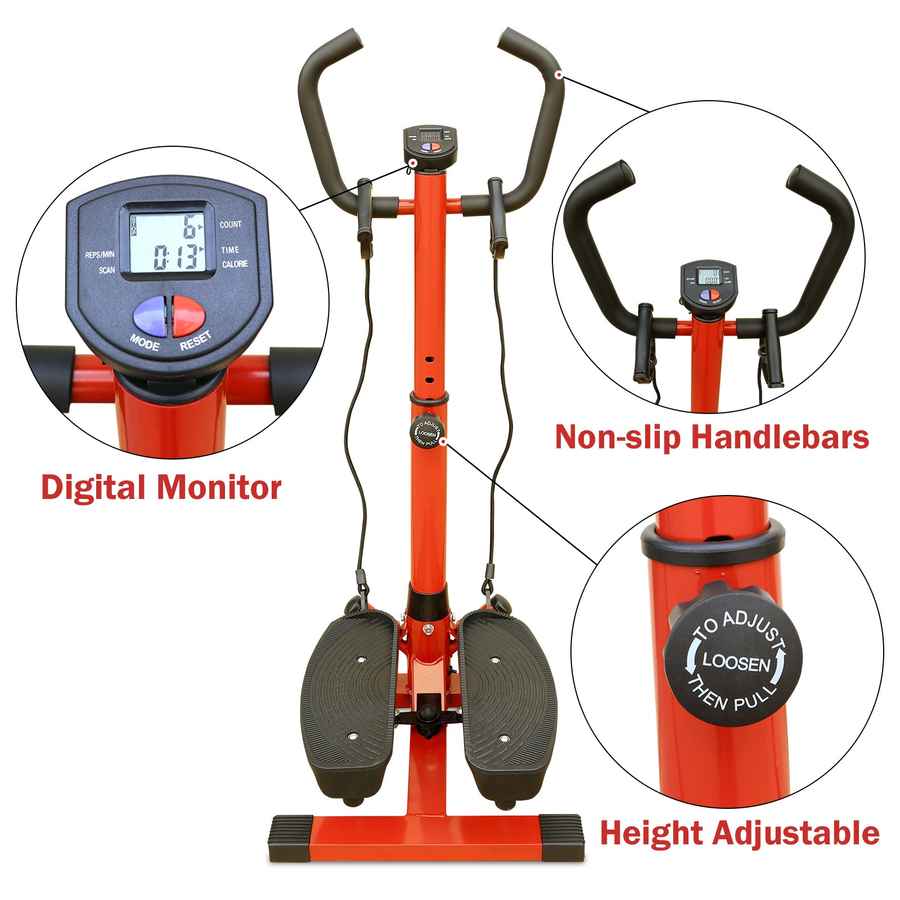 Front view of red stair stepper with non-slip handlebars, dual hydraulic system, and adjustable height for stability during exercise
