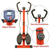 Front view of red stair stepper with non-slip handlebars, dual hydraulic system, and adjustable height for stability during exercise