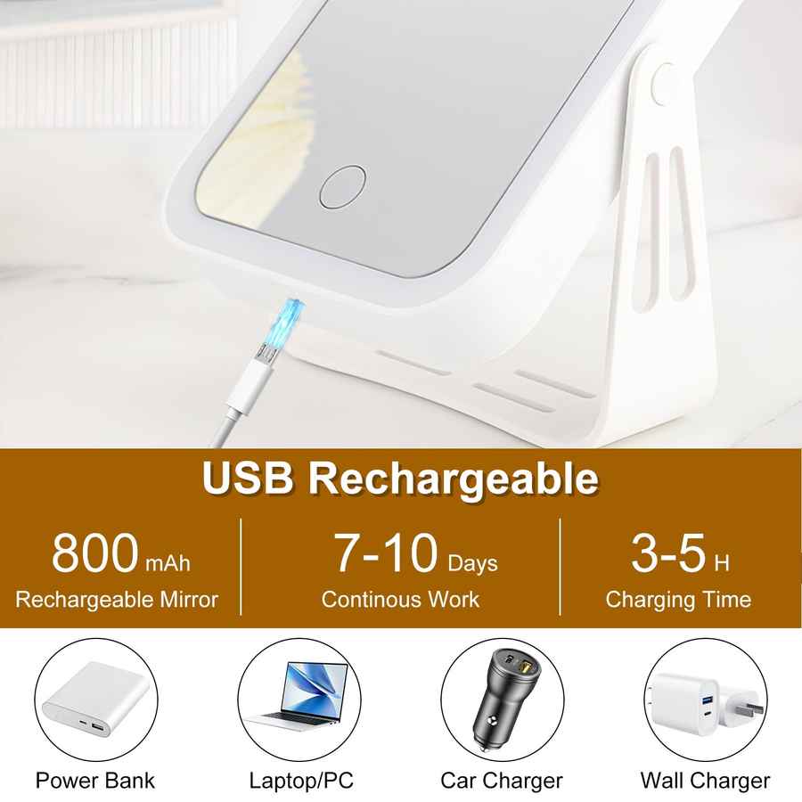 USB rechargeable mirror with charging time and compatibility icons on a white background