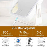 USB rechargeable mirror with charging time and compatibility icons on a white background
