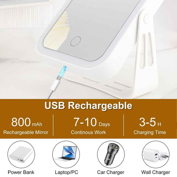 USB rechargeable mirror with charging time and compatibility icons on a white background