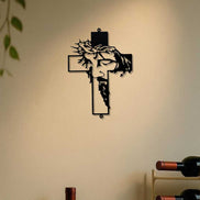 Metal Cross Wall Art Decor with Jesus design hanging in a wine-themed dining space. Elegant metal wall art for home and garden decor.