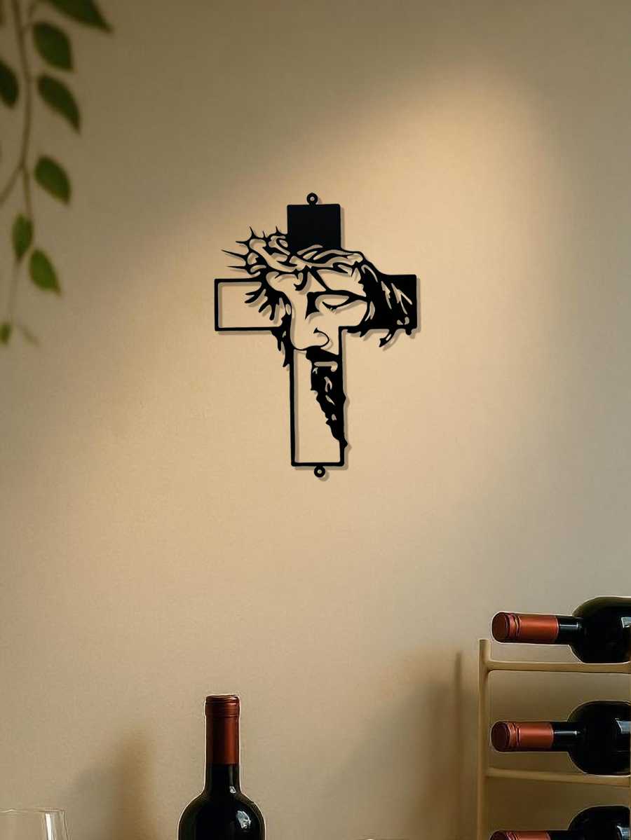 Metal Cross Wall Art Decor with Jesus design hanging in a wine-themed dining space. Elegant metal wall art for home and garden decor.