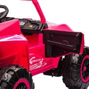 Close-up of pink ride-on toy car interior with steering wheel