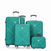 Set of teal suitcases with geometric pattern on a white background