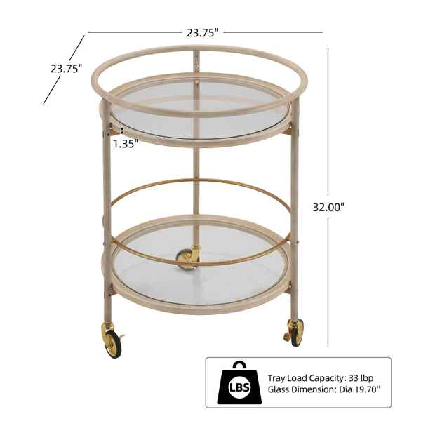 Beige bar cart with clear glass shelves and dimensions on a white background