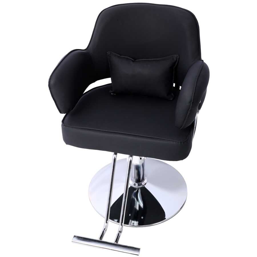 Salon Styling Chair for Hair Stylist with black PU leather, cushioned seat, and chrome hydraulic base for modern salon use.