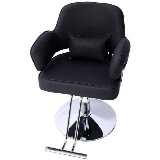 Salon Styling Chair for Hair Stylist with black PU leather, cushioned seat, and chrome hydraulic base for modern salon use.