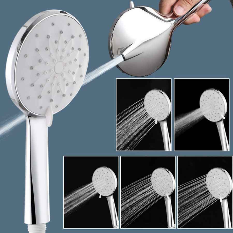 Chrome shower head with water flow demonstration on a blue background