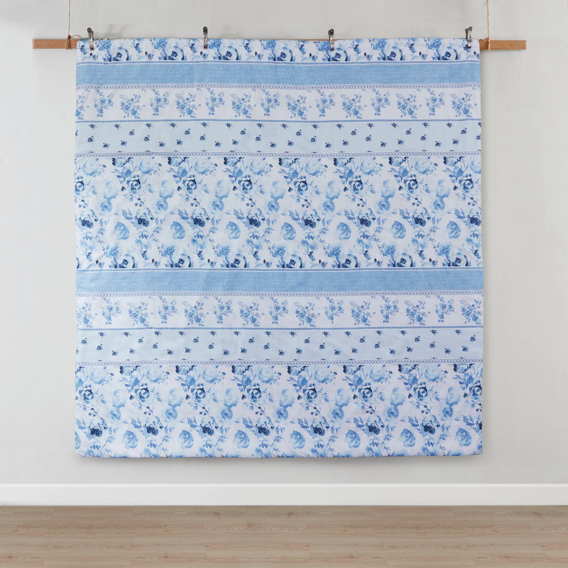 Full view of the Twin Floral Striped Duvet Cover Set - Twin Duvet Cover Set Floral hanging flat, displaying full floral and stripe pattern layout.