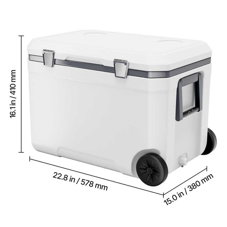 White cooler box with dimensions indicated on a white background