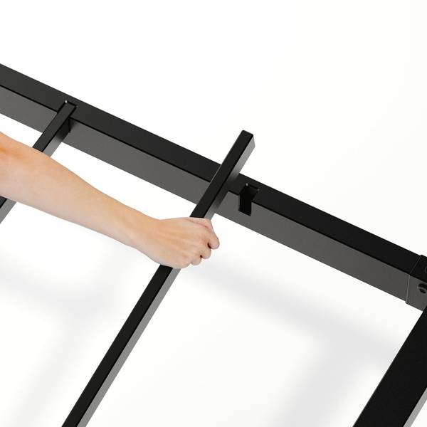 Assembly detail of King Floating Bed Frame with LED Lights, showing easy-to-install metal slats for quick setup.