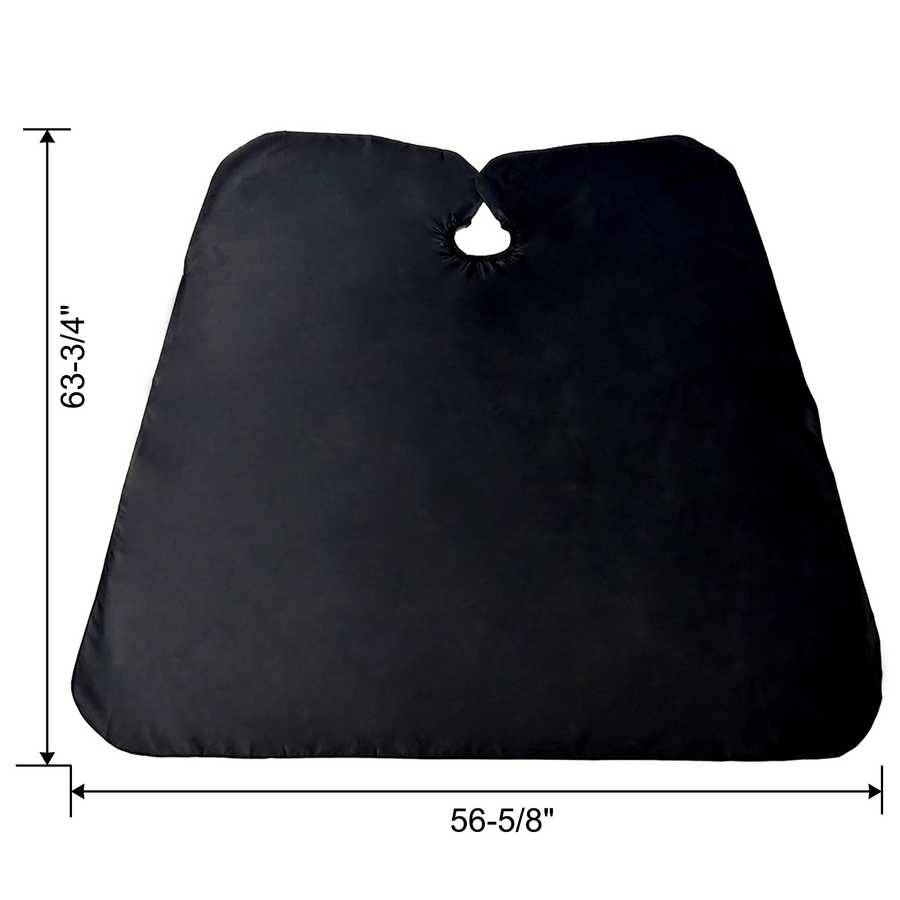 Black salon cape with neck cutout, measuring 63-3/4 by 56-5/8 inches, ideal for hair stylists in professional settings.