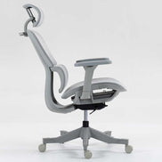Side view of high back mesh office chair highlighting adjustable armrests, reclining backrest, and ergonomic seat design.