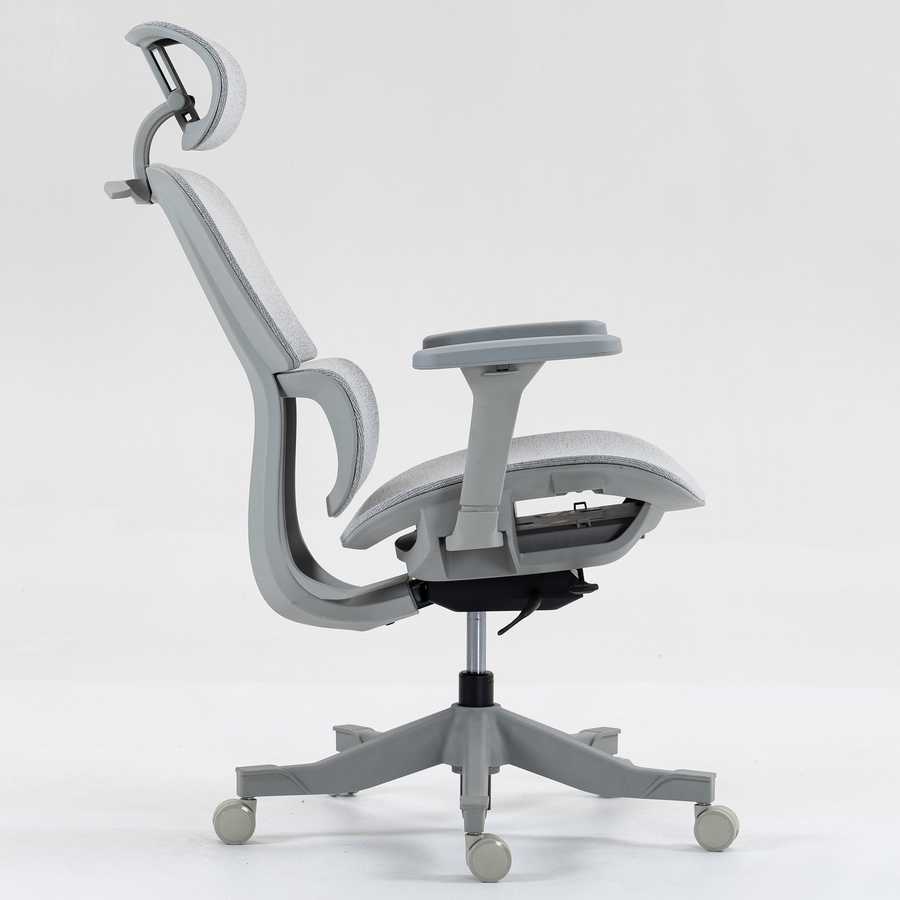 Side view of high back mesh office chair highlighting adjustable armrests, reclining backrest, and ergonomic seat design.