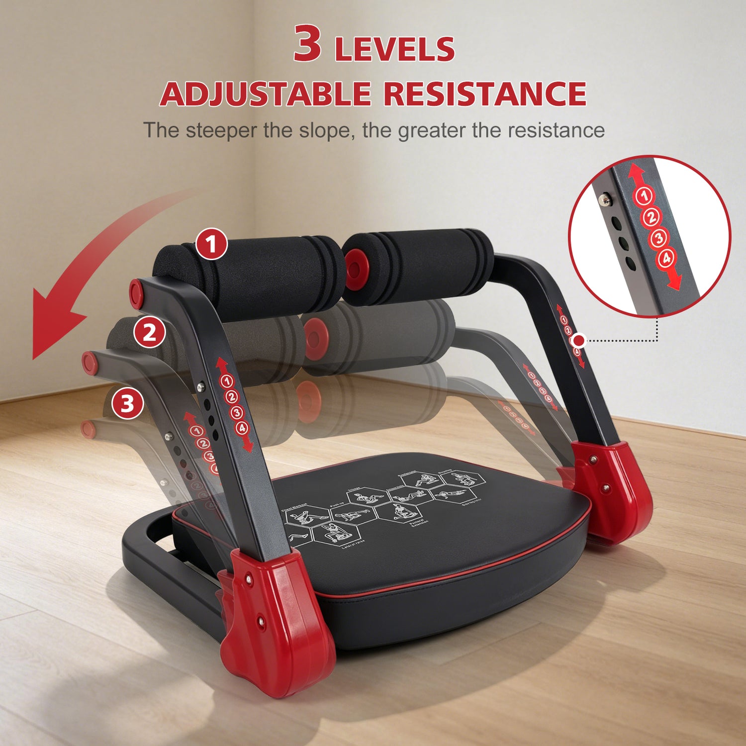 Adjustable resistance exercise machine with three levels of resistance on a wooden floor.