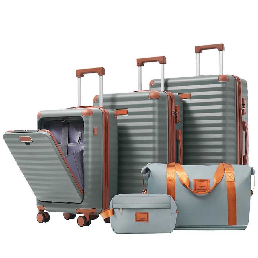 Luggage Sets 5 Piece with Front Opening , Hardside Expandable Carry on Suitcase with Spinner Wheels TSA Lock USB Port Cup Holder Duffel Bag and Toiletry Bag