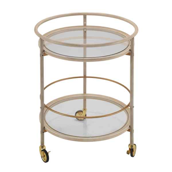 A two-tier round bar cart with a champagne gold metal frame, clear glass shelves, and gold caster wheels, shown on a solid white background.